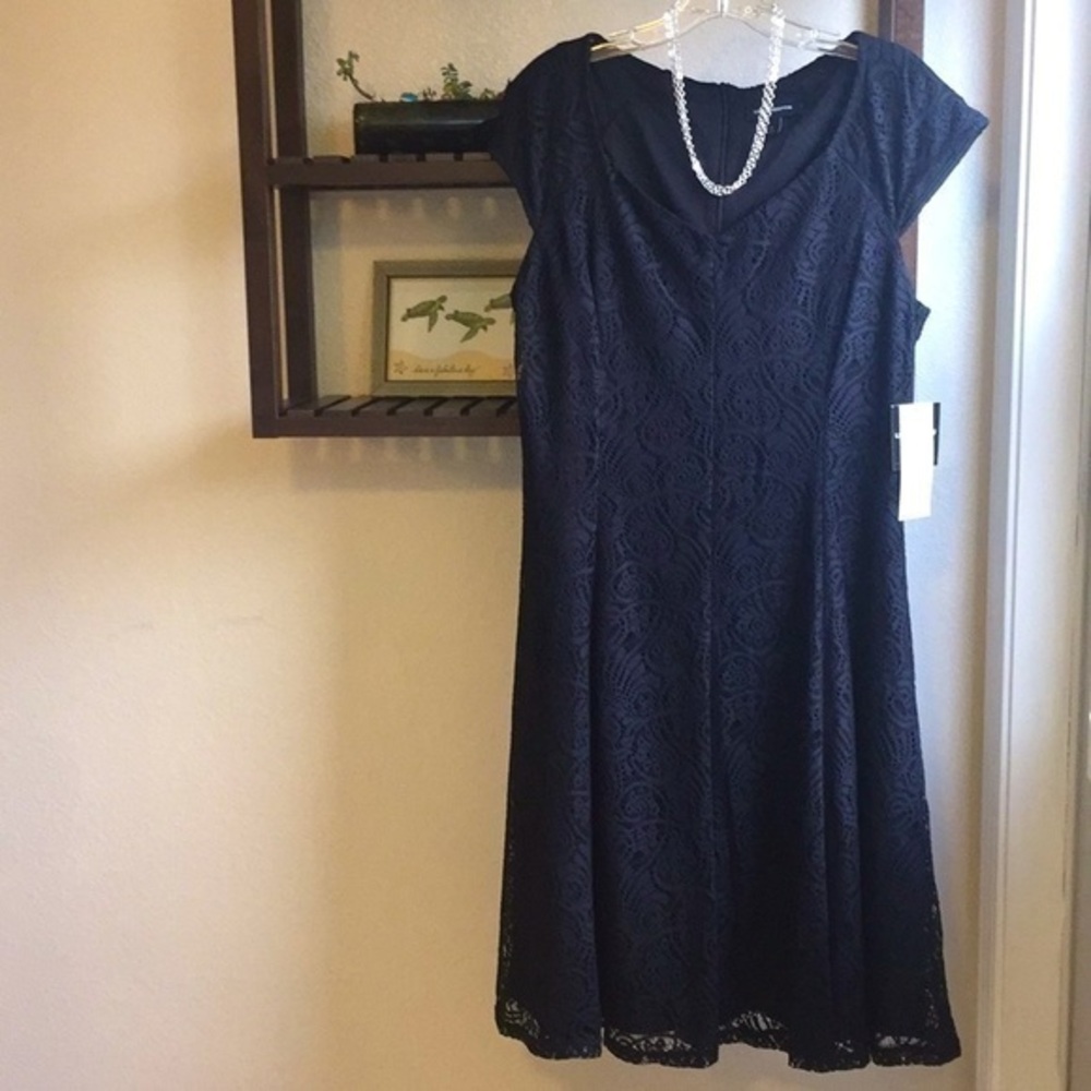 NWT Black Knit Crochet Lace Cocktail Dress Liz Claiborne Flowy LBD